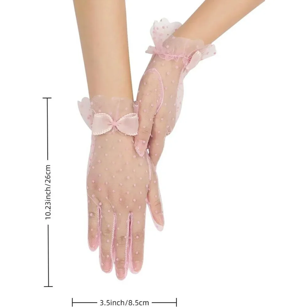 Women's Pink Short Polka Dot Lace Bow Mesh Party Wedding Bridal Gloves Prom